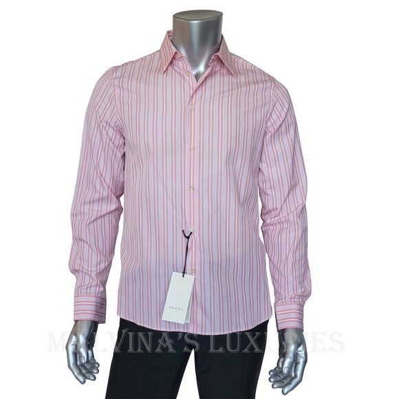 GUCCI DRESS SHIRT MENS FANCY STRIPED PRINT MULTICOLORED PINK COTTON 39 15.5 - Picture 1 of 12